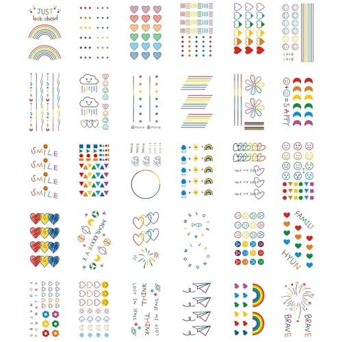 30 Blätter Bunt Line Temporäre Tattoos Set, Kleine Regenbogen Fake Tattoos für Frauen Damen Mädchen, Wasserfeste Temporary Tattoos Zum Aufkleben Auf Die, Tatoo Sticker Kit Haut Arm Hand Hals Gesicht von CANRNYACBZ
