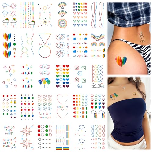 30 Blätter Bunt Temporäre Tattoos Frauen, Regenbogen Fake Tattoos Temporär Mädchen, Temporary Tattoo liebevoll Hals Gesicht Tatoo Sticker Kit, Zum Aufkleben Auf Die Haut von CANRNYACBZ