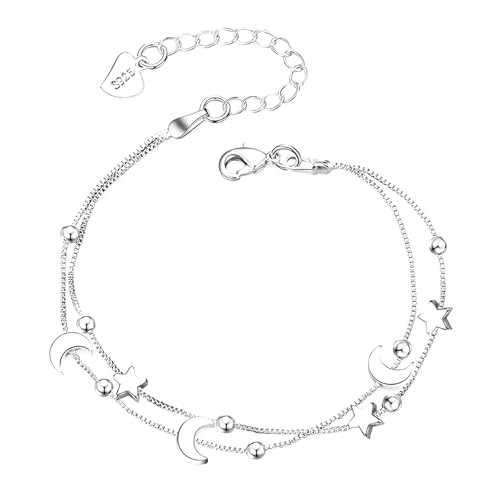 CANRNYACBZ Armband Damen Silber 925 Armband Herz Freundschaftsarmband Verstellbare Armkette Stern Mond Layered Armbänder Hypoallergene Silberarmband Valentinstag Geschenke für Frauen Mädchen von CANRNYACBZ