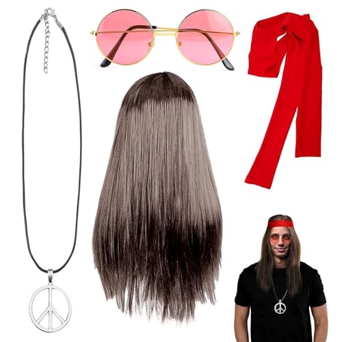 Perücke Herren 4er Set 80er Jahre Outfit Hippie Kostüm Perücke Sonnenbrille Peace Halskette Anhänger Stirnband 90er Set Faschingkostüme Cosplay Halloween Party Karneval Kostüm Mottoparty von CANRNYACBZ