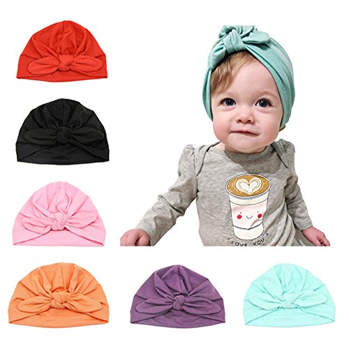 CANSHOW 6 Stücke Baby Mütze Neugeborene 100% Super Weich Baumwolle Elastische Stretch Turban Kleinkind Stirnbänder Baby Mädchen Knoten Stirnband von CANSHOW