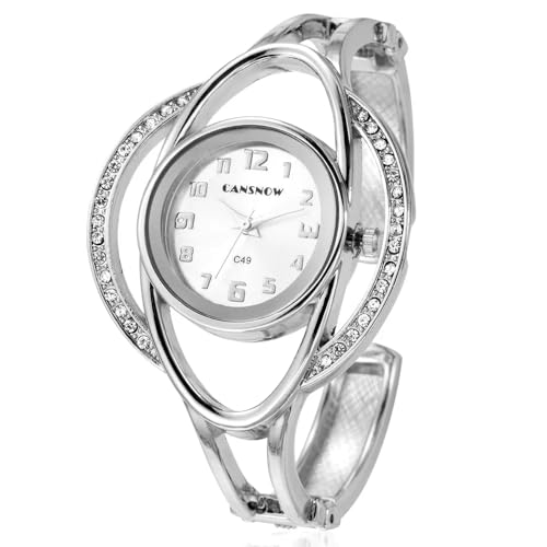 Spangenuhr Damen - Elegante Armbanduhr Silber-Weiß | Damenuhr Mit Silbernem Armband von CANSNOW