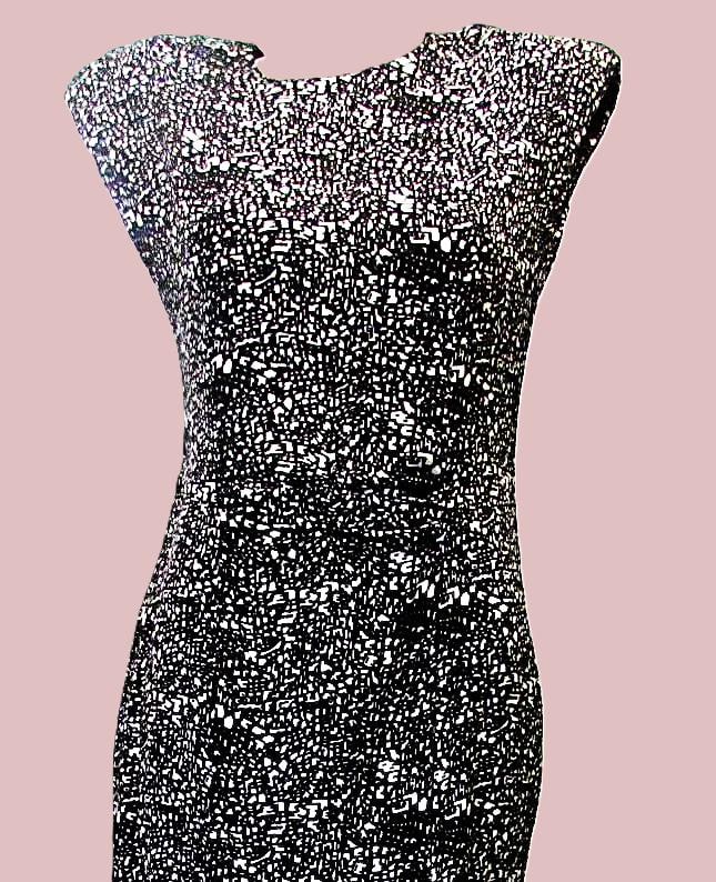 Vintage 1980Er 90Er Jahre Kleid Nicole Miller Designer Schwarz-Weiß-Baumwolldruck Ausgestattetes Gehrock-Meerjungfrau-Saum Für Details Nach Unten von CAOLEiheartvintage