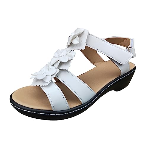 CAOQAO Damen-Sommermode, mehrfarbige Blumen-runde Zehen-Klett-Plateau-Sandalen Damenschuhe 43 Herbst (White, 36) von CAOQAO