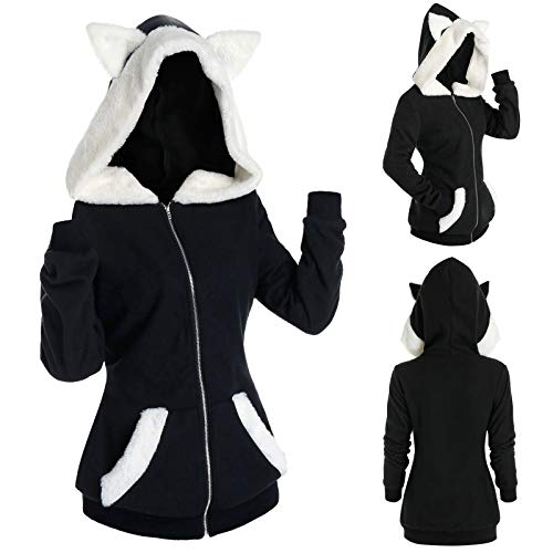 CAOQAO Damen Süße Katze Ohren Mantel Herbst Winter Reißverschluss Jacke mit Hut Langarm Tasche Pullover Sweatshirt Cosplay Kapuze Plüsch Warm Casual Homewear (L, Schwarz) von CAOQAO