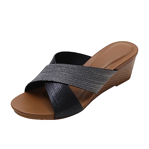 CAOQAO Frauen Sandalen Damen Keil Sommer Hausschuhe Außerhalb Einfarbig Weibliche Slides Mode Frau Sandalen Schuhe Damen Pantoletten (Black, 44) von CAOQAO