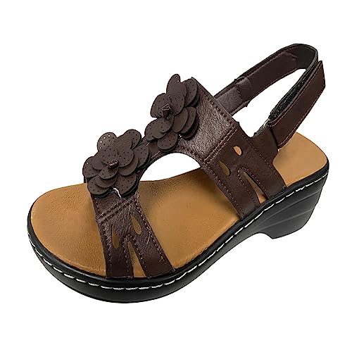 Damen-Sommermode, mehrfarbige Blumen-runde Zehen-Klett-Plateau-Sandalen Damenschuhe Keilabsatz 38 (Coffee, 40) von CAOQAO