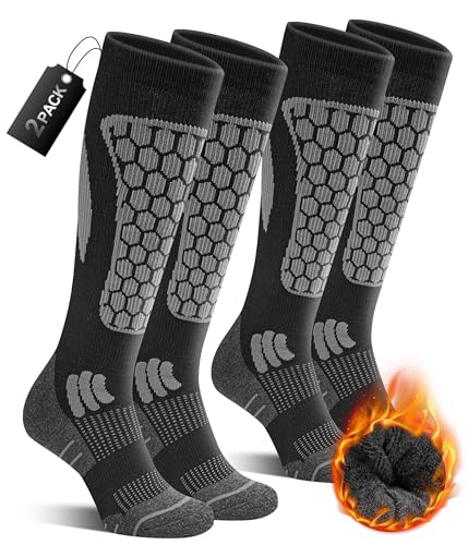 CAOZITOU 2 Paar Skisocken Damen 39-42, 60% Merino Sportsocken Thermo Gepolsterte Warme Wollesocken Atmungsaktive für Outdoor Skifahren (Schwarz) von CAOZITOU