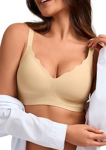 CAOZITOU Damen BH Ohne Bügel Große Brüste Starker Halt Seamless Bra Soft Push Up ohne Buegel Bequemer T Shirt V-Ausschnitt Bralette(Dunkle Hautfarbe, M) von CAOZITOU