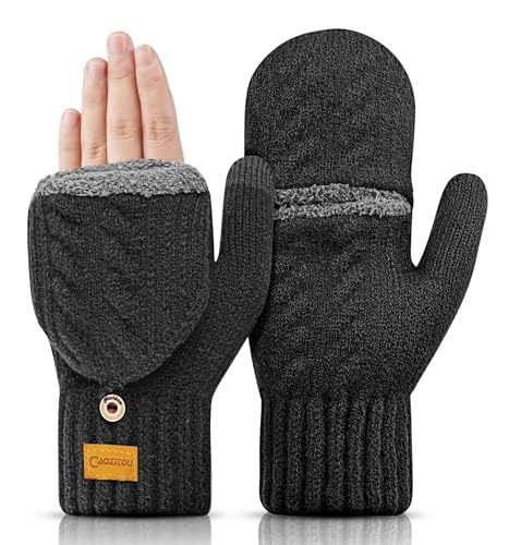 CAOZITOU Handschuhe Herren Damen, Winterhandschuhe Thermo Fingerlos, Winter Warme Touchscreen Strickhandschuhe Outdoor Fingerhandschuhe Weiche (Schwarz) von CAOZITOU