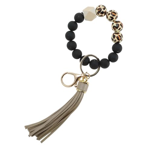 CAPASTEC Schlüsselanhänger Armband Damen, Auto Schlüsselbund mit Perlen für Frauen, Elastisches PU Armreif Handtaschenanhänger mit Quasten Holzperlen, Holzperlen-Braun von CAPASTEC