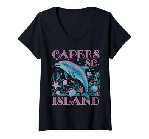 Damen CAPERS ISLAND SC, DELFINLIEBHABER, BUNTES STRAND-SOUVENIR T-Shirt mit V-Ausschnitt Damen CAPERS ISLAND SC, DELFINLIEBHABER, BUNTES STRAND-SOUVENIR T-Shirt mit V-Ausschnitt von CAPERS ISLAND SC DOLPHIN LOVER BEACH VACATION