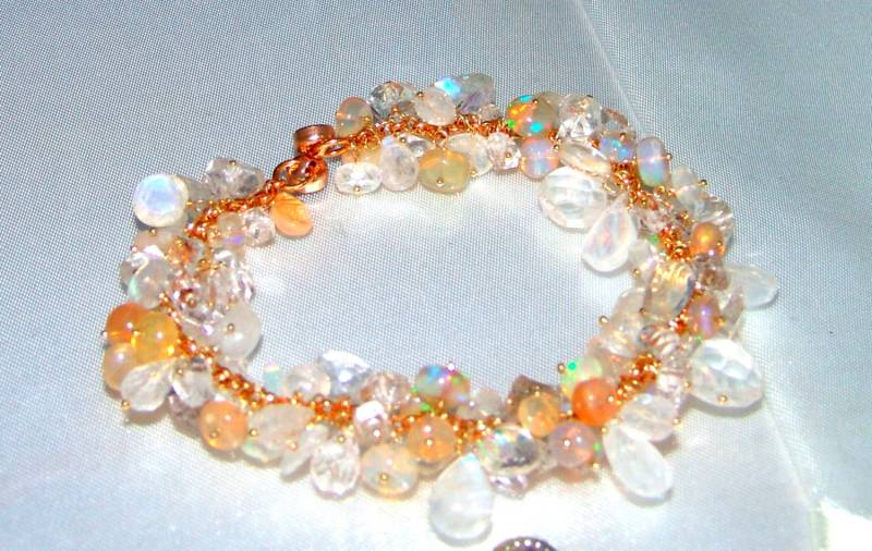 14K Gold Gf Herkimer Diamant Mondstein Opal Edelstein Cluster Armband 14K Gold Gf Herkimer Diamant Mondstein Opal Edelstein Cluster Armband von CAPGEMS2