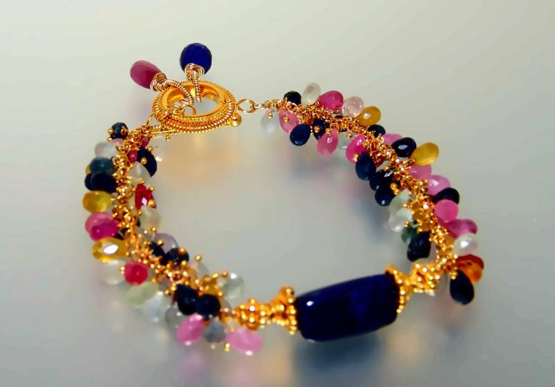 Multi Saphir Armband Lapislazuli Edelstein Briolette Cluster Vermeil Sterling Silber von CAPGEMS2