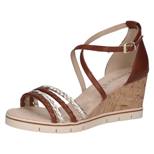 CAPRICE Damen Sandalen mit Keilabsatz mit verstellbarem Riemchen Sommer, Braun (Cognac/Gold), 36 EU von CAPRICE