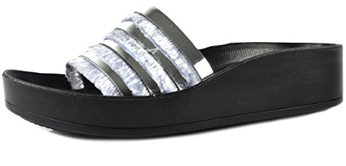 CAPRIUM Pantoletten Comfort Fransen Metallic Glitzer Sandalen Sommerschuhe Slipper 004206 Größe 39, Farbe Silber (Modell 3) von CAPRIUM