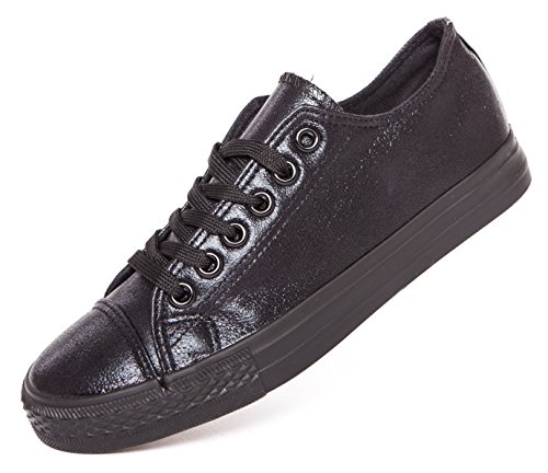 CAPRIUM Sportliche Sneaker Turnschuhe Klassische Low Top Schuhe Metallic flach, Damen 0006018 (39, Schwarz) von CAPRIUM