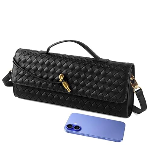 CAPTAIN VIKINGS Gewebte Abend-Clutch für Damen, synthetisches veganes Leder, kleine Crossbody-Handtasche mit metallischem Knotenverschluss, abnehmbarer Schultergurt (schwarz) von CAPTAIN VIKINGS