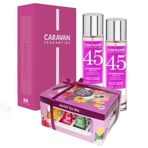 Caravan Set mit 2 Damenduften Nr. 45 + Geschenkbox Caravan + Joyfull Pyramiden-Teebox von CARAVAN FRAGANCIAS