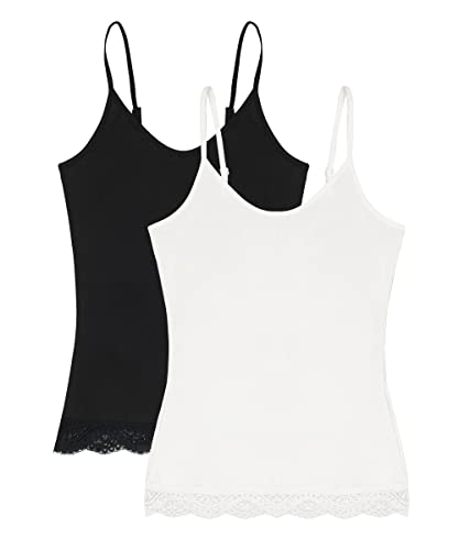 CARCOS 2er Pack Damen Unterhemd Ohne BH Spitze Tank Top mit Spaghettiträger U Ausschnitt Basic Cami Shirt Lang für Frauen Schlankmachendes Spitzentop Schwarz&Weiß XL von CARCOS