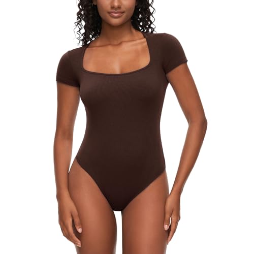 CARCOS Body Damen Elegant Eckiger Ausschnitt Bodysuit Top - Tanga Bodys Kurzarm Bodysuit Damen Braun L von CARCOS