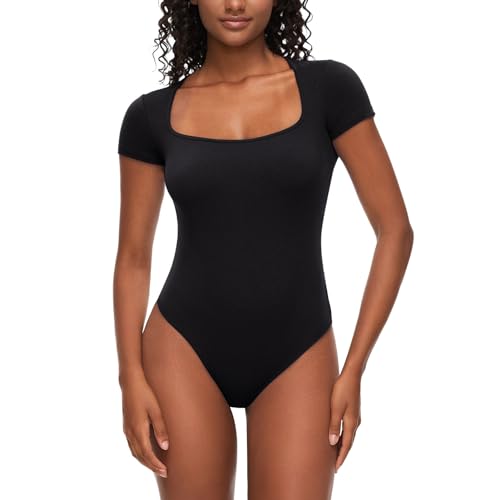 CARCOS Body Damen Elegant Eckiger Ausschnitt Bodysuit Top - Tanga Bodys Kurzarm Bodysuit Damen Schwarz L von CARCOS