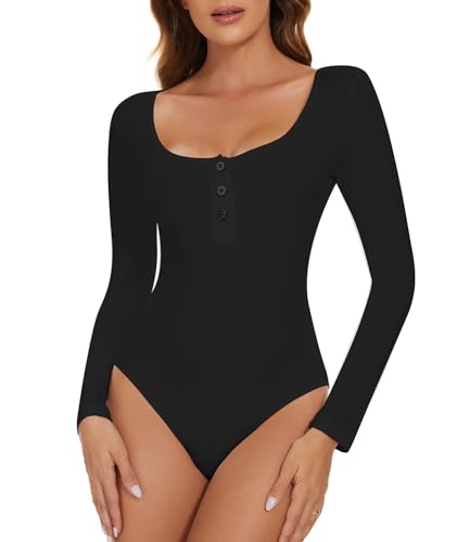 CARCOS Body Damen Langarm Bodysuit Long Sleeve Elegant Rundhals Leotard Taste Bodies Stringbody Damen Schwarz L von CARCOS