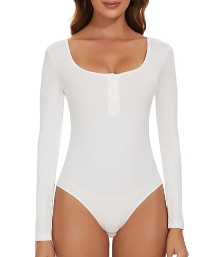 CARCOS Body Damen Langarm Bodysuit Long Sleeve Elegant Rundhals Leotard Taste Bodies Stringbody Damen Weiß L von CARCOS