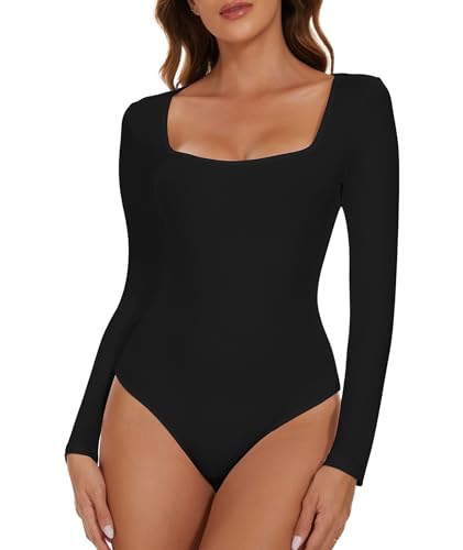 CARCOS Body Damen Langarm Elegant Bodysuit Tops Sexy Eckiger Ausschnitt Langarmbody für Frauen Schwarz M von CARCOS