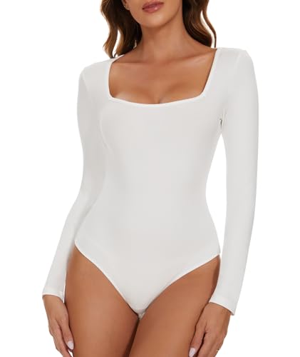 CARCOS Body Damen Langarm Elegant Bodysuit Tops Sexy Eckiger Ausschnitt Langarmbody für Frauen Weiß XL von CARCOS