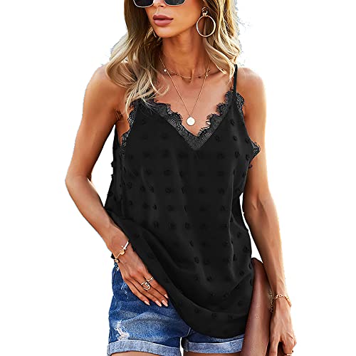 Swiss Dot Spitzen Top Damen Ärmellos Shirts Untertops mit V-Ausschnitt Tank Top Sommer Lace Camisole Women 2#schwarz XL von CARCOS