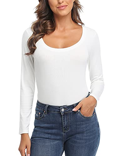 CARCOS Langärmliges Damen-Oberteil mit U-Ausschnitt, geripptem Strick, figurbetont, lässig, T-Shirt, schmale Basic-Shirts Weiß,U-Ausschnitt S von CARCOS