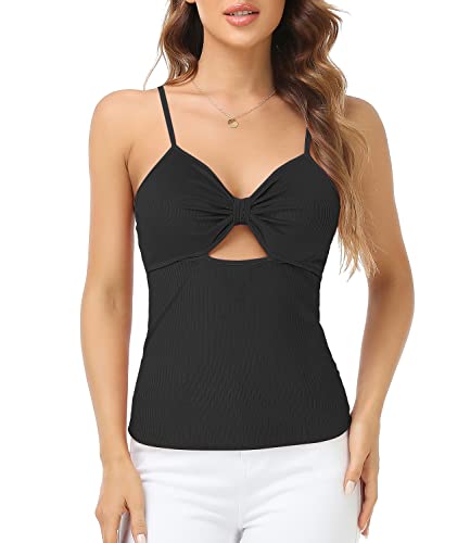 CARCOS Damen Spaghetti Top Sommer Sexy Tank Top mit Verstellbarer Strap und Abnehmbares Brustpolster Rückenfreies Oberteil, Schwarz L von CARCOS