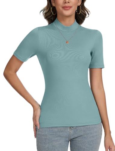 CARCOS Kurzarmpullover Damen Stehkragen Rollkragenshirt Damen Kurzarm Basic Pullover Oberteile Slim Fit Bluse T-Shirt Top für Frühling Sommer Herbst Elegant Shirt(Blau,M) von CARCOS