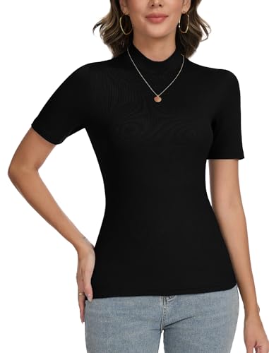 CARCOS Kurzarmpullover Damen Stehkragen Rollkragenshirt Damen Kurzarm Basic Pullover Oberteile Slim Fit Bluse T-Shirt Top für Frühling Sommer Herbst Elegant Shirt(Schwarz,3XL) von CARCOS