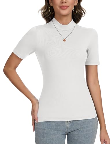 CARCOS Kurzarmpullover Damen Stehkragen Rollkragenshirt Damen Kurzarm Basic Pullover Oberteile Slim Fit Bluse T-Shirt Top für Frühling Sommer Herbst Elegant Shirt(Weiß,XL) von CARCOS