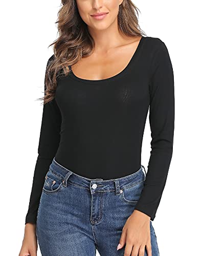 CARCOS Langärmliges Damen-Oberteil mit U-Ausschnitt, geripptem Strick, figurbetont, lässig, T-Shirt, schmale Basic-Shirts Schwarz,U-Ausschnitt L von CARCOS