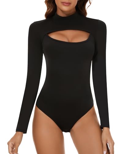 CARCOS Langarmbody Bodysuit Damen Stringbody Bodysuit Tops Sexy Cut Elegant Body Damen Langarm Stehkragen Schwarz M von CARCOS