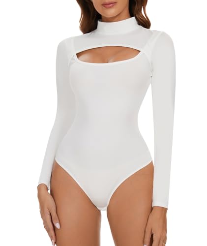 CARCOS Langarmbody Bodysuit Damen Stringbody Bodysuit Tops Sexy Cut Elegant Body Damen Langarm Stehkragen Weiß L von CARCOS