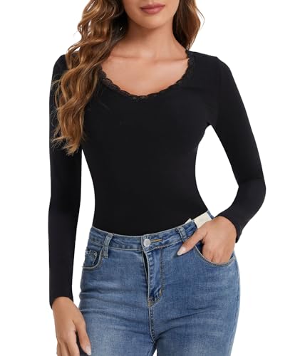 CARCOS Langarmshirts für Damen Langarm, Spitze V-Ausschnitt Basic-Langarmshirt, lässige Oberteile, schmale Basic-Shirts Schwarz 2XL von CARCOS