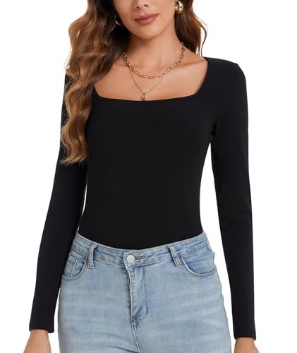 CARCOS Oberteile mit quadratischem Ausschnitt für Damen, Enge Langarmshirts, lässige Tops, T-Shirts, schmale Basic-Shirts Schwarz,Eckiger Ausschnitt 2XL von CARCOS