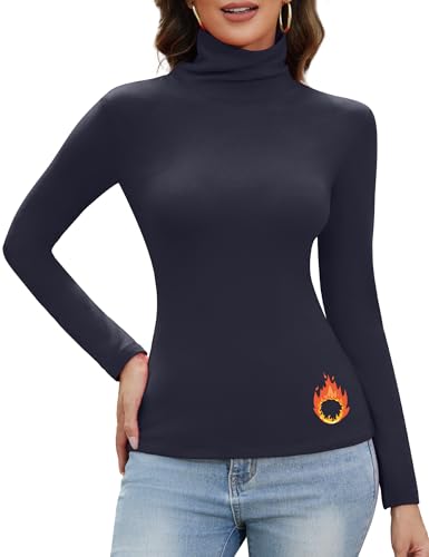 CARCOS Thermo Oberteil Damen Gerippt Rollkragenpullover Langarm Extra Warm Rollkragenshirt Slim Fit Langarmshirt Thermounterwäsche Basic Rolli Oberteil Leicht T-Shirt Top (Dunkelblau,M) von CARCOS