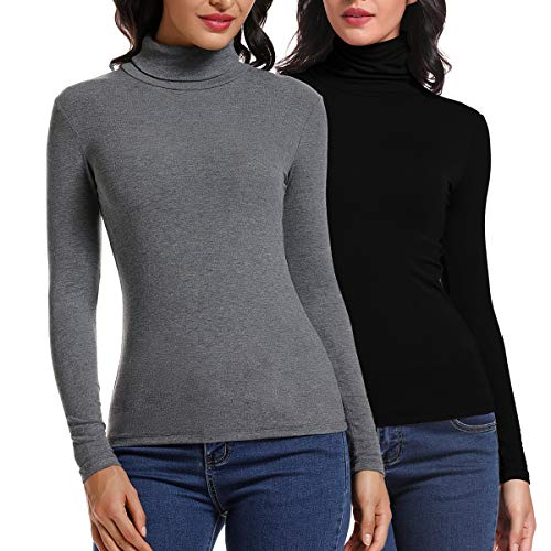 Carcos Damen 2er Pack Rollkragen Langarm Shirt, Basic Rolli Oberteil Hoher Kragen Slim Fit T-Shirt Top für Herbst Winter,Grau, Schwarz,3XL von CARCOS