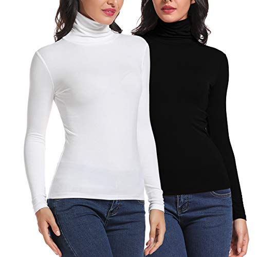 Carcos Damen 2er Pack Rollkragen Langarm Shirt, Basic Rolli Oberteil Hoher Kragen Slim Fit T-Shirt Top für Herbst Winter,Schwarz, Weiß,M von CARCOS