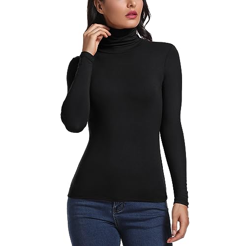 Carcos Damen Rollkragen Langarm Shirt, Basic Rolli Oberteil Hoher Kragen Slim Fit T-Shirt Top für Herbst Winter,Schwarz,3XL von CARCOS