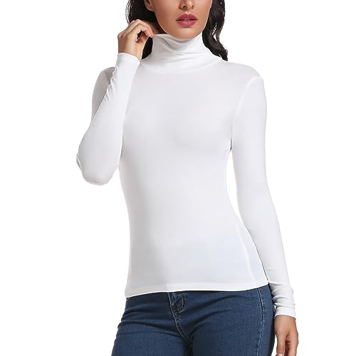 Carcos Damen Rollkragen Langarm Shirt, Basic Rolli Oberteil Hoher Kragen Slim Fit T-Shirt Top für Herbst Winter,Weiß,M von CARCOS