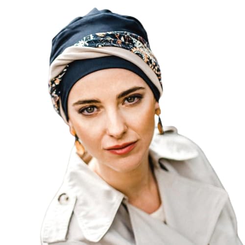 CAREBELL Onkologischer Turban/Komfortmodell/Marineblau Paisley Design/Chemotherapie und Alopezie, Baumwollgewebe, empfindliche Haut, Haarausfall, Oeko-Tex-Zertifiziert von CAREBELL