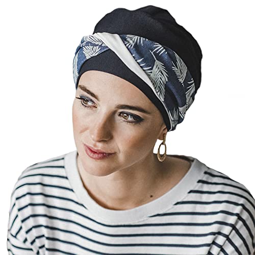 CAREBELL Elegance Denim Palms Turban-Mütze aus Bambus für Chemotherapie oder Alopezie, marineblau, One size von CAREBELL