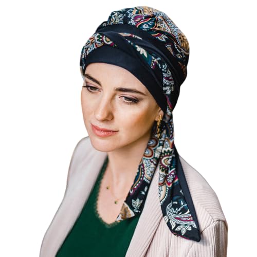 CAREBELL Lucia Black Kaschmir Onkologisches Halstuch aus Baumwolle – Anpassung mit langen Bändern, Schwarz mit Kaschmir-Muster., One size von CAREBELL