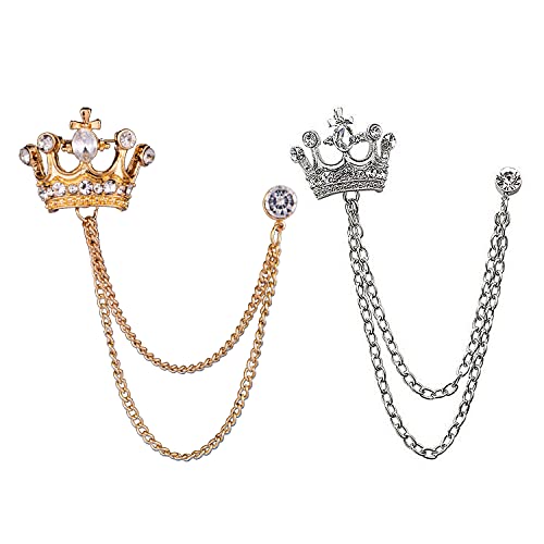CAREOR 2 Stück Krone Brosche Hängende Kette Brosche mit Gravur Metall Kristall Brosche Anzug Stud Revers Pin Vintage Strass Brustnadel Hochzeit Brosche Pin Gold und Silber, Metall von CAREOR